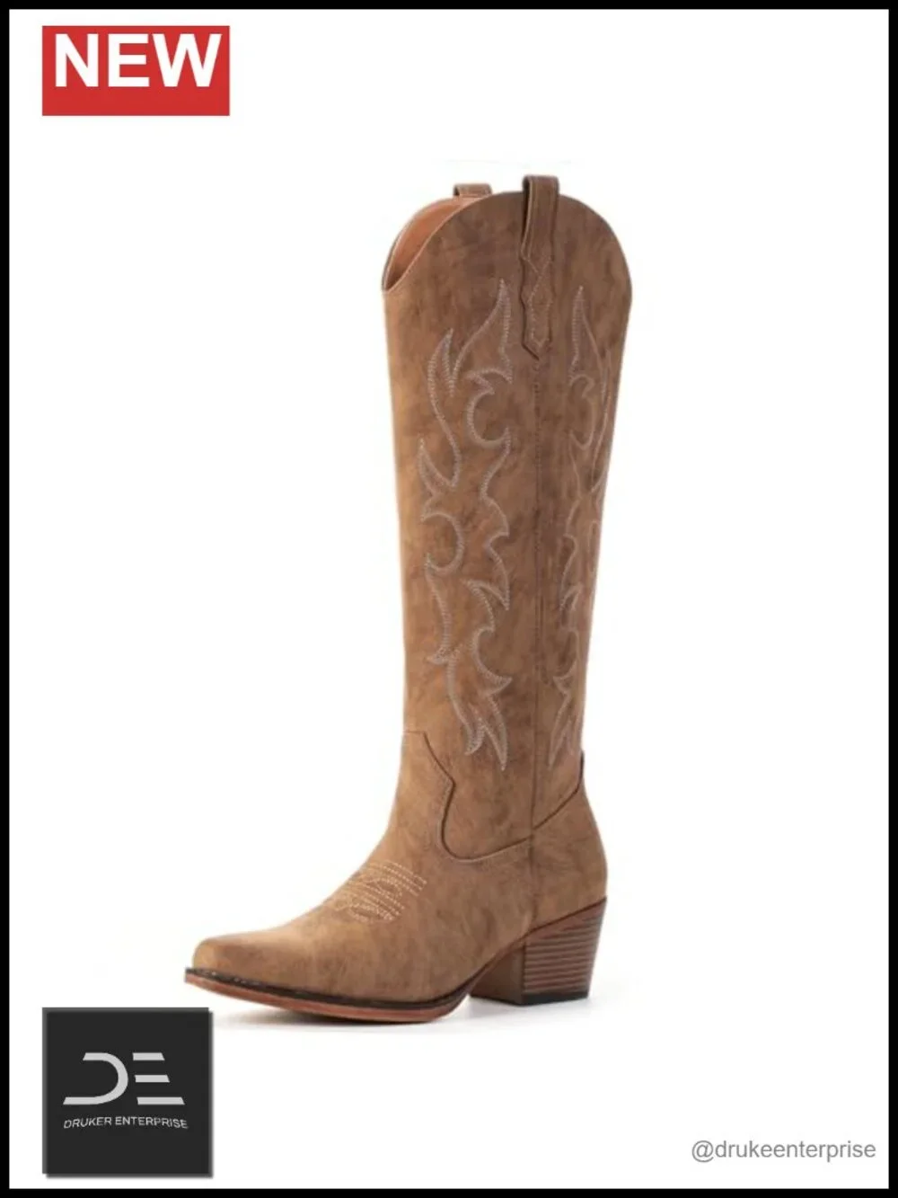 Embroidered Knee High Cowboy Boots for Women Wide Calf Pull On Block Heel